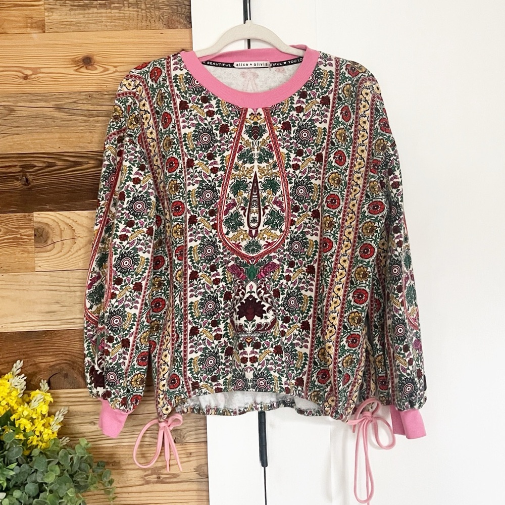 Alice + Olivia Amirah Drawstring Hem Sweatshirt Flower Pot Size Large - Picture 5 of 8